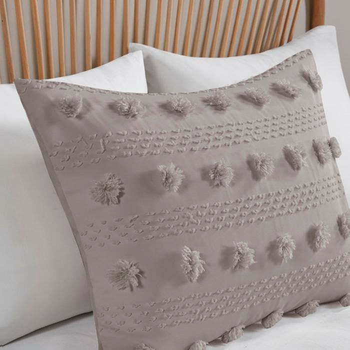 King/Cal King 3-Piece Grey Microfiber Comforter Set with Decorative Pompoms